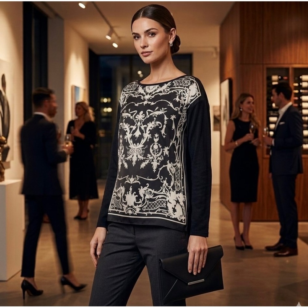 Weekend Max Mara Silk Pannel Baroque Print Knit Top Black White - Size XL